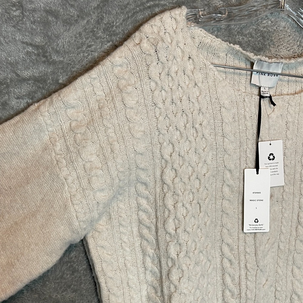 Pink Rose Women Soft Cozy Cropped Cable‎ Knit Sweater L Ecru Luxe Chunky Neutral